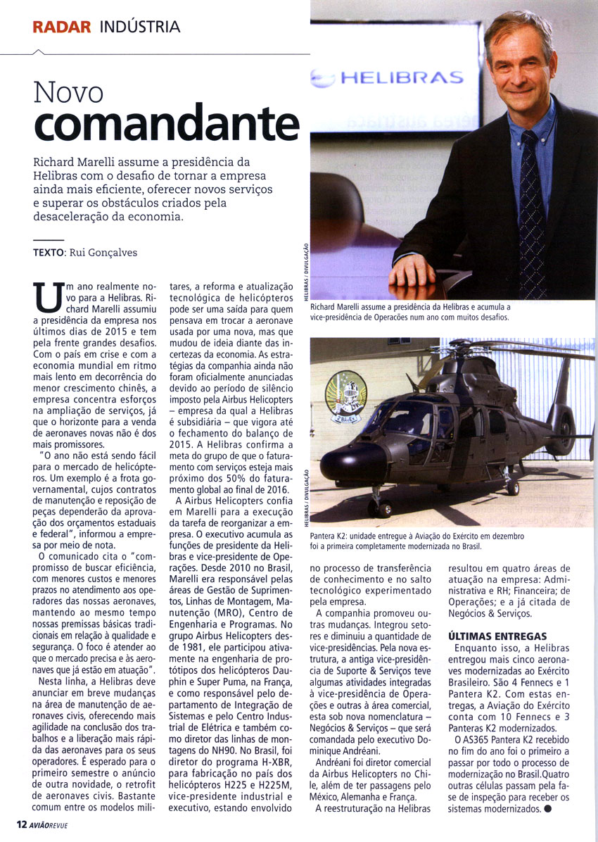 Revista Avião Revue publica matéria sobre os desafios de Richard Marelli, o novo presidente da Helibras