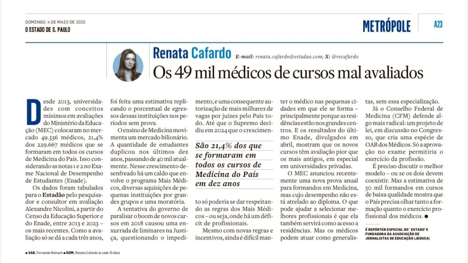 Análise de Nicolini sobre Cursos de Medicina é destaque no Estadão