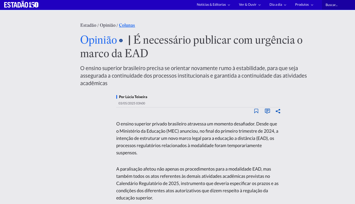 Presidente do Semesp assina artigo no Estadão: É necessário publicar com urgência o marco EAD