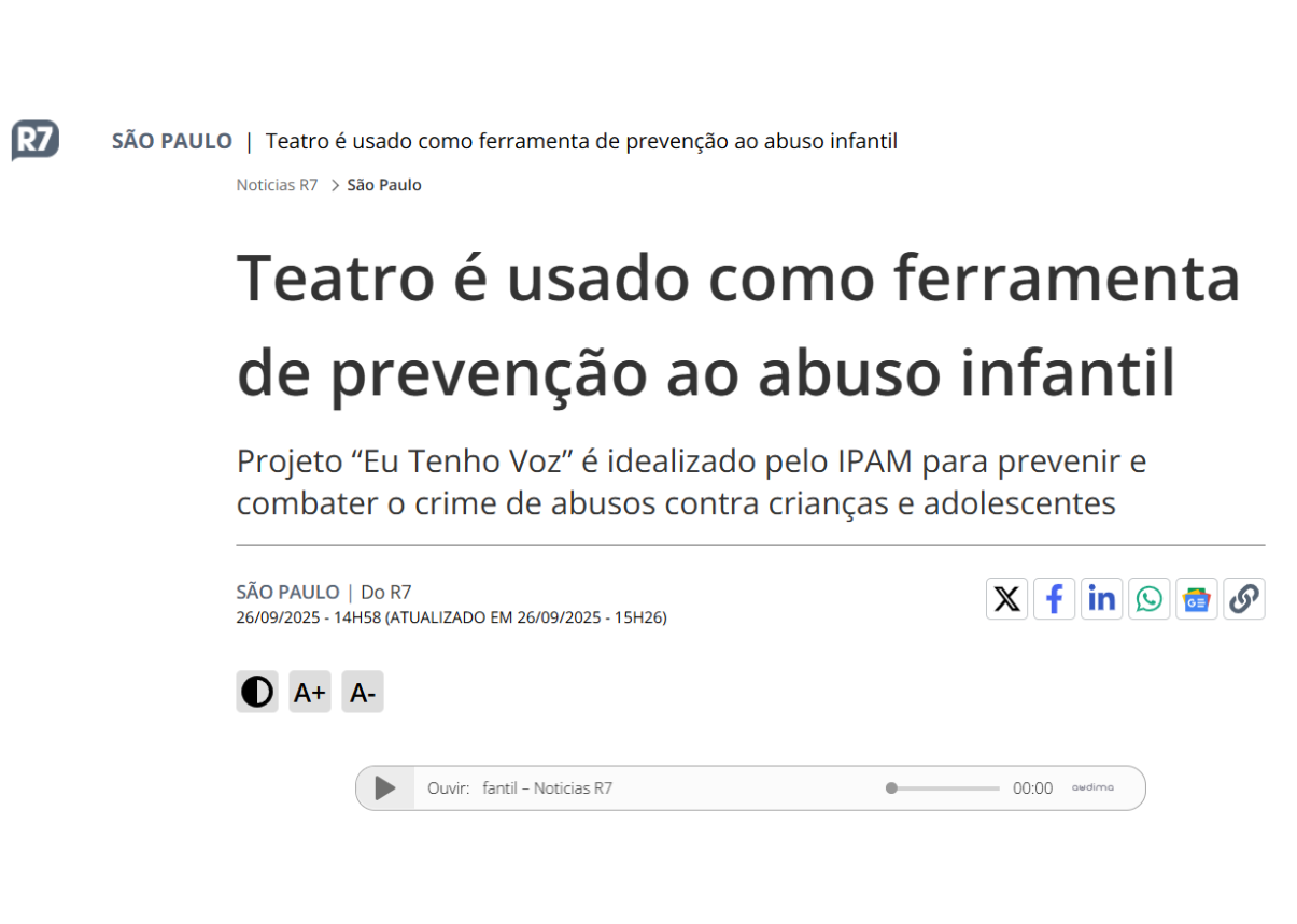 Portal R7 destaca uso de peça teatral no Projeto Eu Tenho Voz